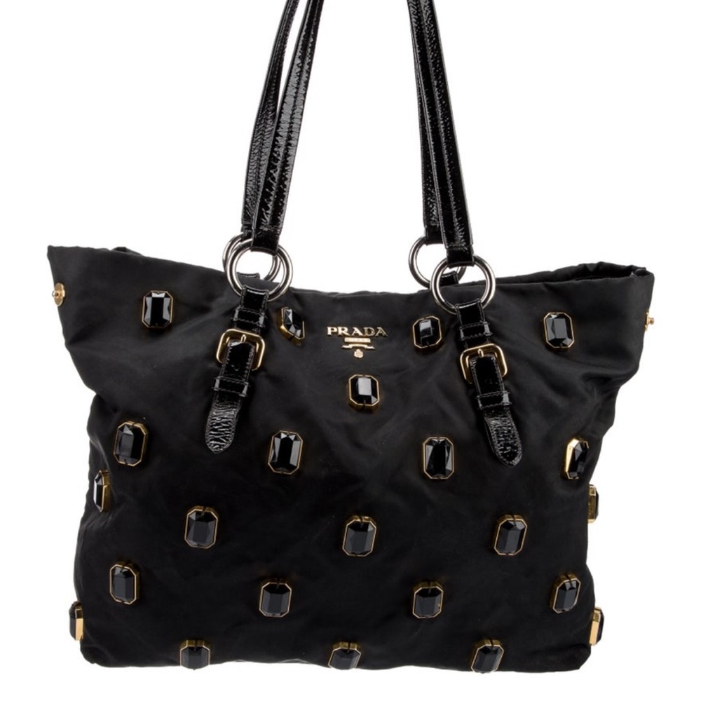 Prada Black Tessuto Nylon Pietre Jeweled Tote
